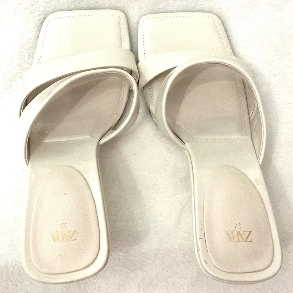 Zara White Open Toe Square Padded Dressy High Heel Sandals Size US7/EU37